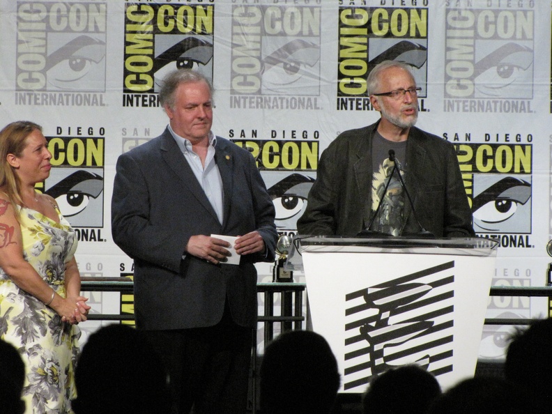 Athena Finger Mark Evanier and Marv Wolfman.JPG