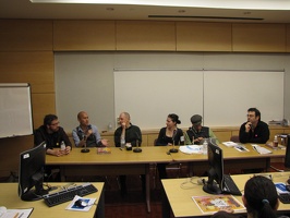 Zach Worton, GB Tran, Jim Ottaviani, Tory Woolcott, David Collier and Greg Means on the Telling True Stories panel